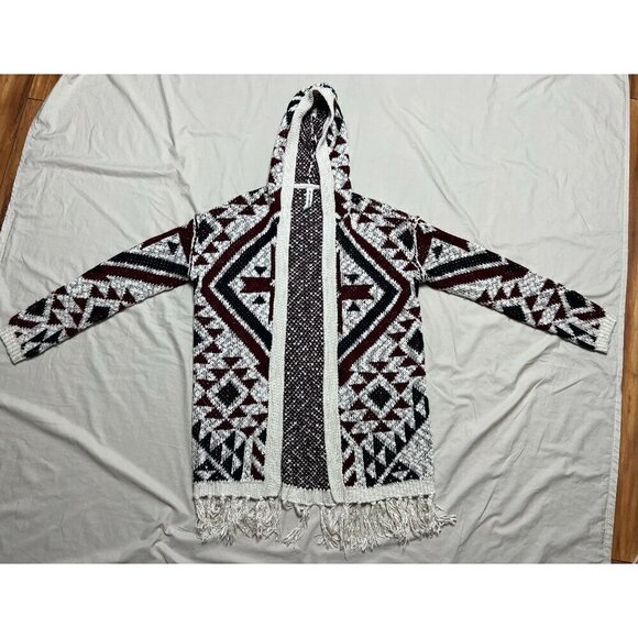 Vintage Aztec Knit Hooded Cardigan Open Front Sweater With Fringe Trim Boho Styl - Picture 3 of 11